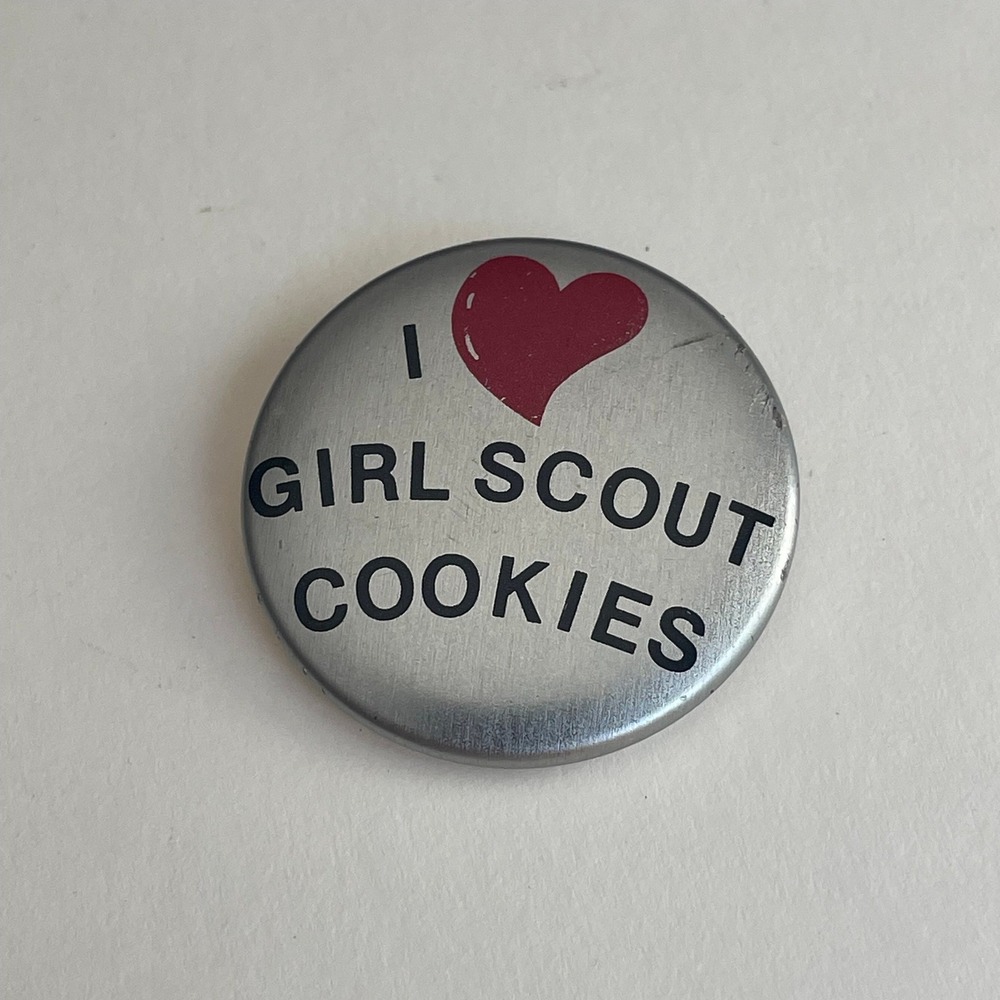 Vintage I Heart Girl Scout Cookies Pinback‎ Button Silver Heart Badge 1.5 Inch